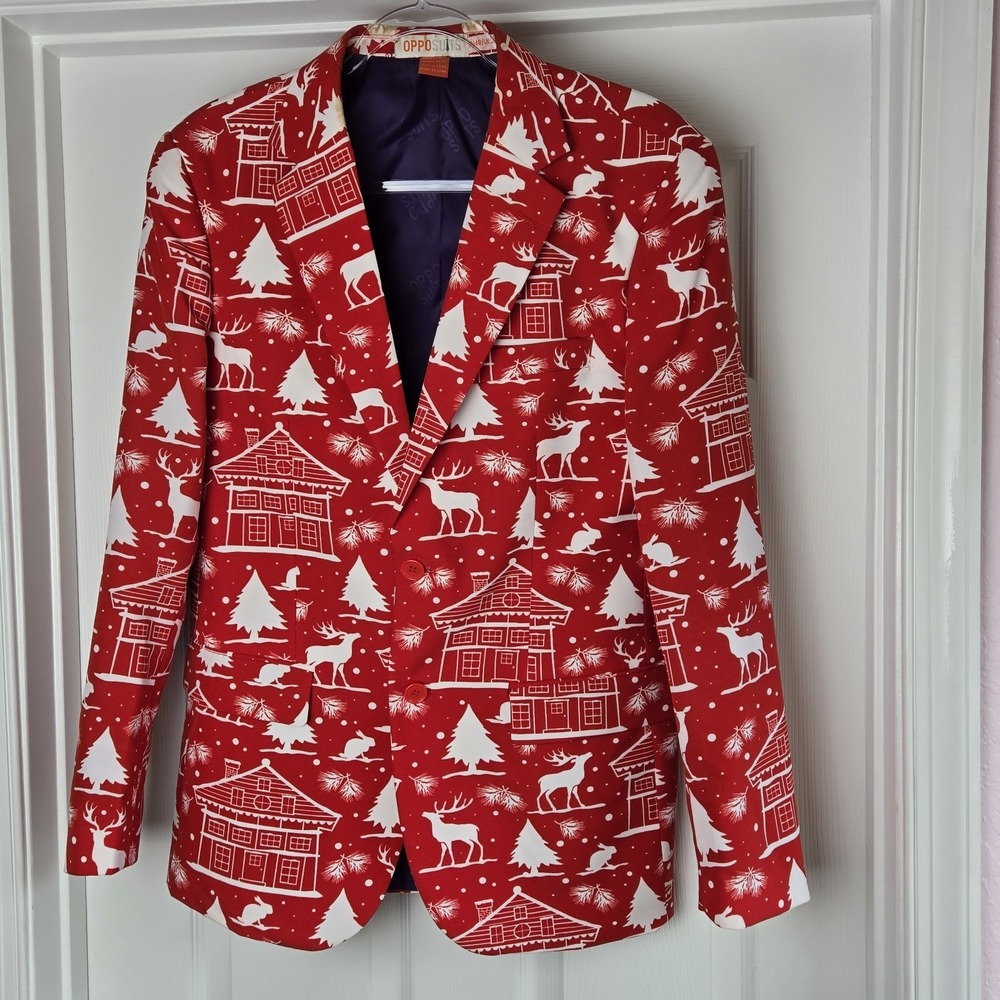 Opposuits Red Holiday Blazer Mens Size 38 Christmas Reindeer‎ Trees Jacket